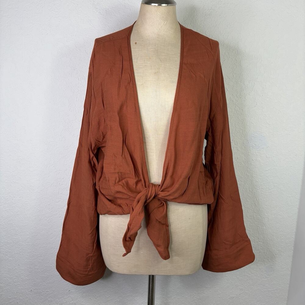 Monday Burned Orange Tahiti Tie Front Long Sleeve Blouse Size M, beach, preppy